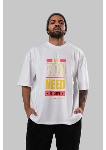 All You Need Is Love Ön Baskılı Beyaz Oversize T-Shirt Erkek Kadın Bisiklet Yaka fırsatları