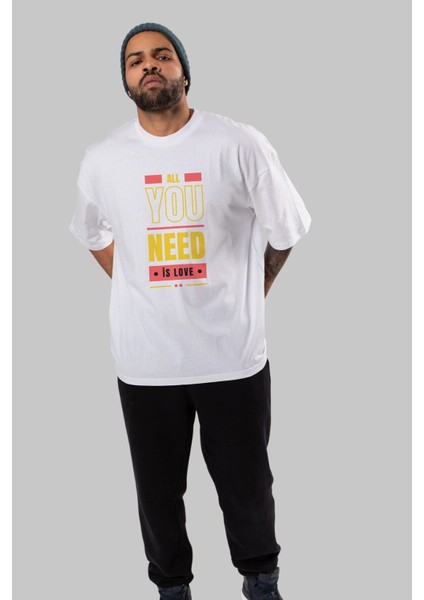 All You Need Is Love Ön Baskılı Beyaz Oversize T-Shirt Erkek Kadın Bisiklet Yaka indirimleri