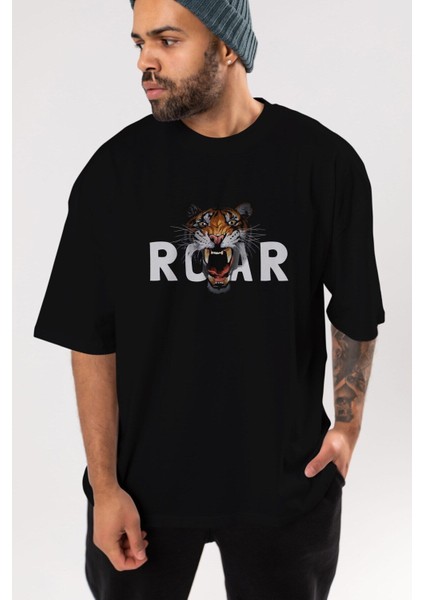 Teddy Bear Roar Ön Baskılı Siyah Oversize T-Shirt Erkek Kadın Bisiklet Yaka