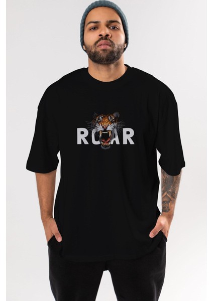 Teddy Bear Roar Ön Baskılı Siyah Oversize T-Shirt Erkek Kadın Bisiklet Yaka fırsatları
