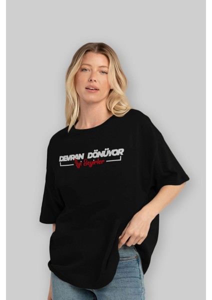 Devran Dönüyor Iyi Seyirler Ön Baskılı Siyah Oversize T-Shirt Erkek Kadın Bisiklet Yaka fırsatları