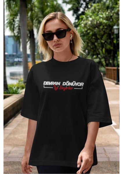 Devran Dönüyor Iyi Seyirler Ön Baskılı Siyah Oversize T-Shirt Erkek Kadın Bisiklet Yaka indirimleri