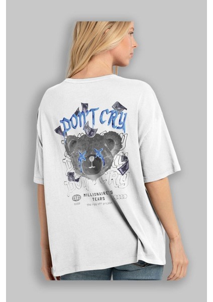 Dont Cry Bear Arka Baskılı Beyaz Oversize T-Shirt Erkek Kadın Bisiklet Yaka fiyatları