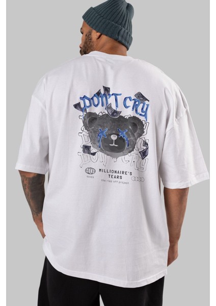 Dont Cry Bear Arka Baskılı Beyaz Oversize T-Shirt Erkek Kadın Bisiklet Yaka indirimleri
