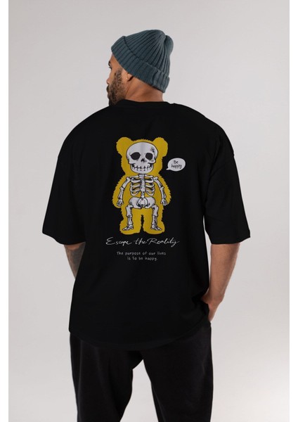 Be Happy Bear Arka Baskılı Siyah Oversize T-Shirt Erkek Kadın Bisiklet Yaka