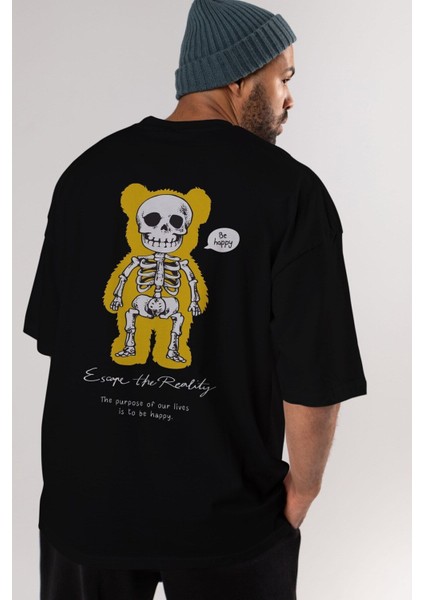 Be Happy Bear Arka Baskılı Siyah Oversize T-Shirt Erkek Kadın Bisiklet Yaka modelleri