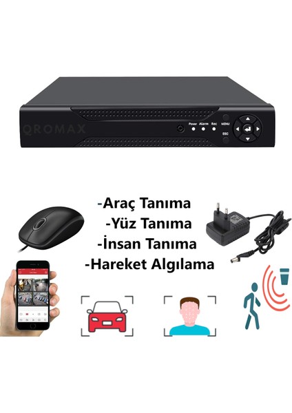 Qromax 4 Kameralı Set - Yapay Zeka Özellikli Gece Görüşlü 5 MP Sony Lensli FullHD Güvenlik Kamerası Seti 5136-104