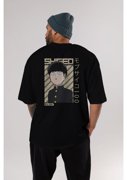Shigeo Kageyama 2 Anime Arka Baskılı Siyah Oversize T-Shirt Erkek Kadın fiyatları