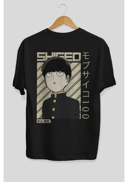 Shigeo Kageyama 2 Anime Arka Baskılı Siyah Oversize T-Shirt Erkek Kadın modelleri