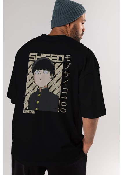 Shigeo Kageyama 2 Anime Arka Baskılı Siyah Oversize T-Shirt Erkek Kadın fırsatları