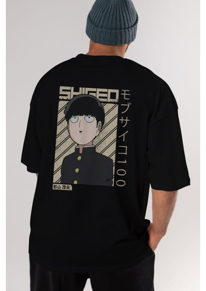 Shigeo Kageyama 2 Anime Arka Baskılı Siyah Oversize T-Shirt Erkek Kadın indirimleri