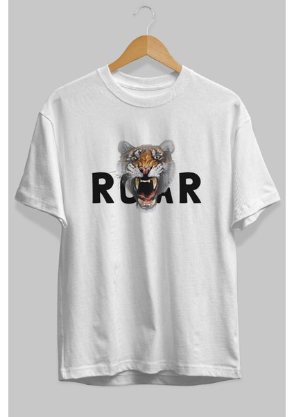 Teddy Bear Roar Ön Baskılı Beyaz Oversize T-Shirt Erkek Kadın Bisiklet Yaka