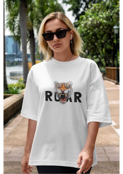 Teddy Bear Roar Ön Baskılı Beyaz Oversize T-Shirt Erkek Kadın Bisiklet Yaka indirimleri
