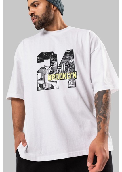 Brooklyn 24 Ön Baskılı Beyaz Oversize T-Shirt Erkek Kadın Bisiklet Yaka modelleri