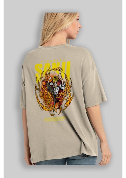 Vinsmoke Sanji Anime Arka Baskılı Bej Oversize T-Shirt %100 Pamuk Erkek Kadın modelleri