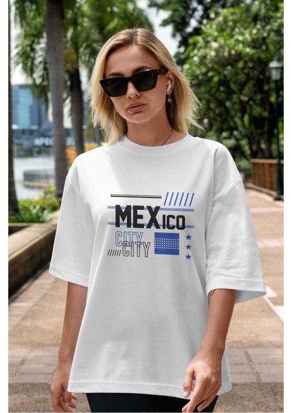 Mexico City Ön Baskılı Beyaz Oversize T-Shirt Erkek Kadın Bisiklet Yaka