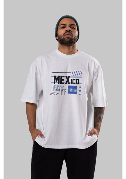 Mexico City Ön Baskılı Beyaz Oversize T-Shirt Erkek Kadın Bisiklet Yaka fiyatları