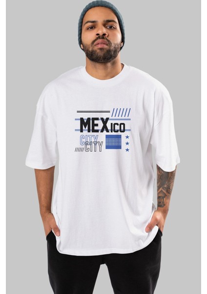 Mexico City Ön Baskılı Beyaz Oversize T-Shirt Erkek Kadın Bisiklet Yaka fırsatları