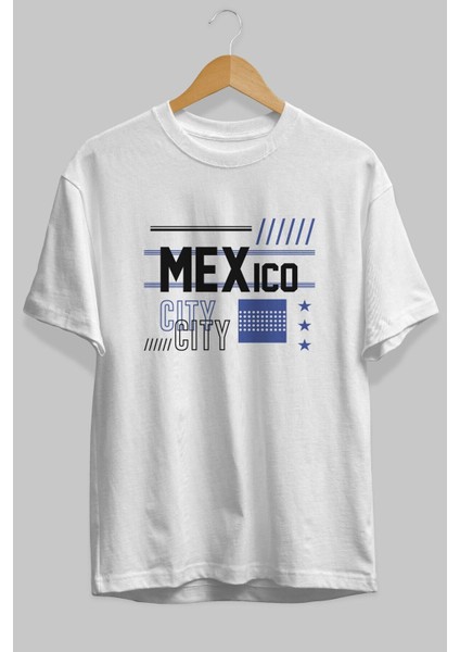 Mexico City Ön Baskılı Beyaz Oversize T-Shirt Erkek Kadın Bisiklet Yaka indirimleri