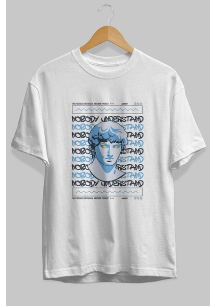 Nobody Understand Ön Baskılı Beyaz Oversize T-Shirt Erkek Kadın Bisiklet Yaka fırsatları