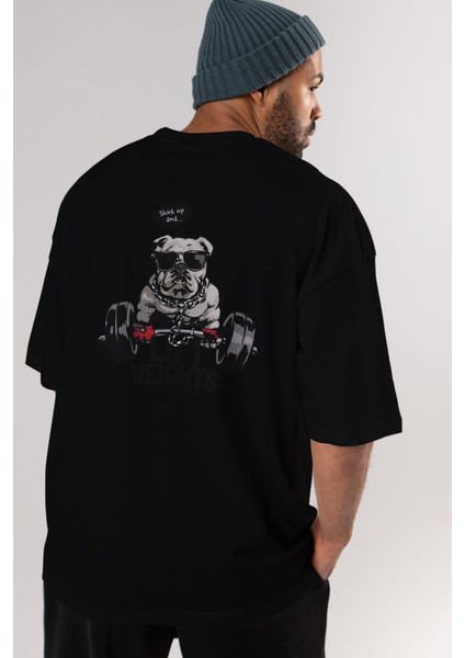 Teddy Bear Lift Weights Arka Baskılı Siyah Erkek Kadın Bisiklet Yaka Oversize T-Shirt indirimleri