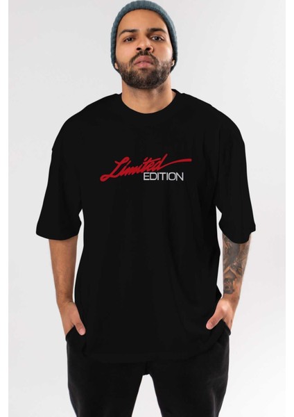 Limited Edition Ön Baskılı Siyah Oversize T-Shirt Erkek Kadın Bisiklet Yaka