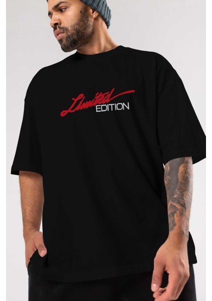 Limited Edition Ön Baskılı Siyah Oversize T-Shirt Erkek Kadın Bisiklet Yaka modelleri