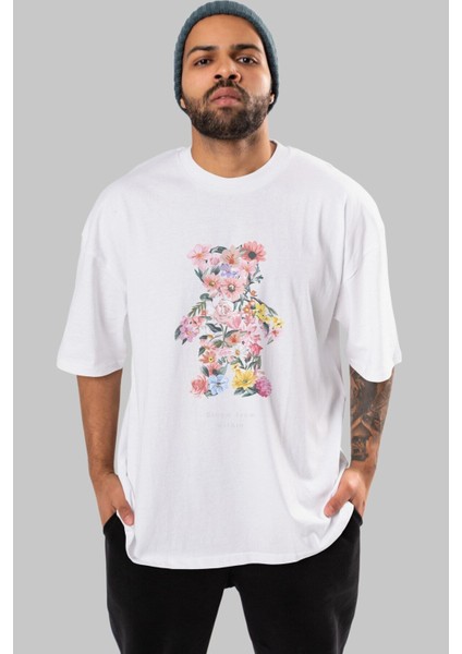Bloom From Bear Ön Baskılı Beyaz Oversize T-Shirt Erkek Kadın Bisiklet Yaka