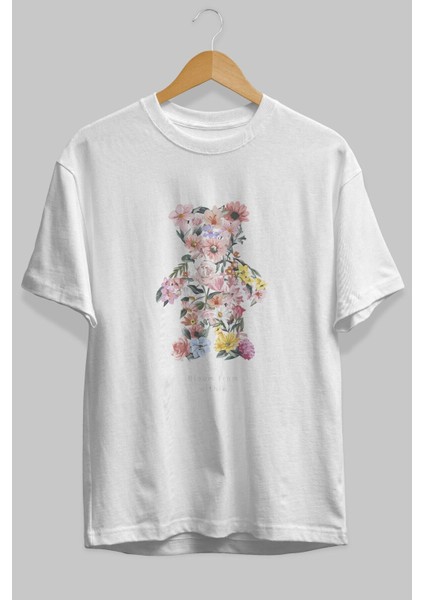 Bloom From Bear Ön Baskılı Beyaz Oversize T-Shirt Erkek Kadın Bisiklet Yaka fiyatları