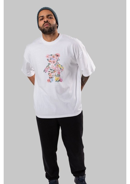 Bloom From Bear Ön Baskılı Beyaz Oversize T-Shirt Erkek Kadın Bisiklet Yaka modelleri