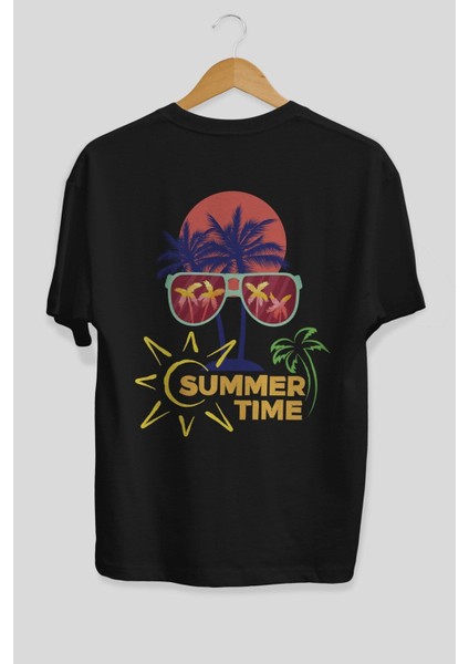 Summer Time Yazılı Arka Baskılı Siyah Oversize T-Shirt Erkek Kadın Bisiklet Yaka fiyatları