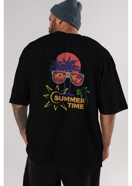 Summer Time Yazılı Arka Baskılı Siyah Oversize T-Shirt Erkek Kadın Bisiklet Yaka modelleri