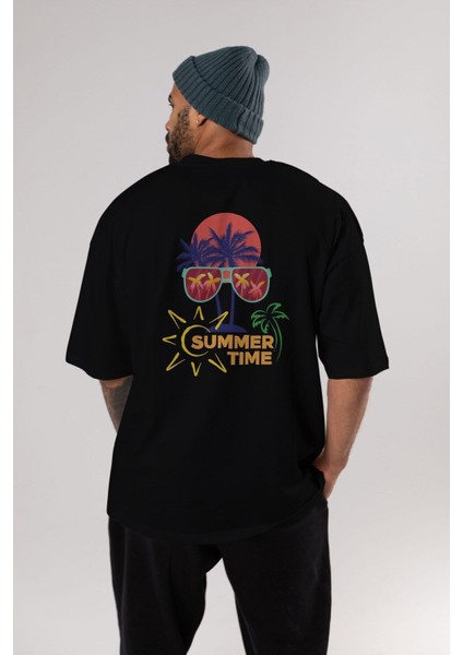 Summer Time Yazılı Arka Baskılı Siyah Oversize T-Shirt Erkek Kadın Bisiklet Yaka fırsatları