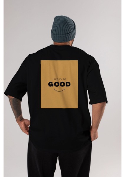 Life Is So Good Arka Baskılı Siyah Oversize T-Shirt Erkek Kadın Bisiklet Yaka fırsatları
