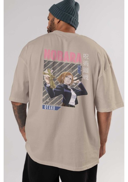 Nobara Kugisaki 6 Anime Arka Baskılı Bej Oversize T-Shirt %100 Pamuk Erkek Kadın indirimleri