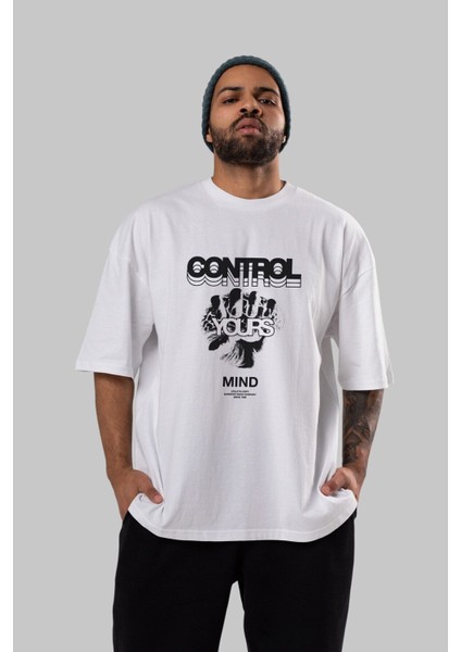 Control Your Mind Ön Baskılı Beyaz Oversize T-Shirt Erkek Kadın Bisiklet Yaka