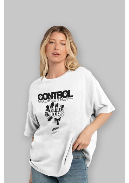 Control Your Mind Ön Baskılı Beyaz Oversize T-Shirt Erkek Kadın Bisiklet Yaka fiyatları