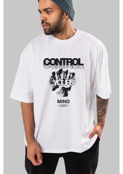 Control Your Mind Ön Baskılı Beyaz Oversize T-Shirt Erkek Kadın Bisiklet Yaka modelleri