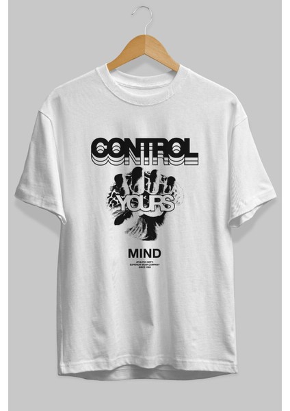 Control Your Mind Ön Baskılı Beyaz Oversize T-Shirt Erkek Kadın Bisiklet Yaka fırsatları