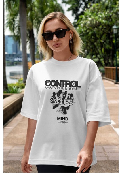 Control Your Mind Ön Baskılı Beyaz Oversize T-Shirt Erkek Kadın Bisiklet Yaka indirimleri