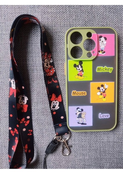 iPhone 14 Pro Uyumlu Mickey Mouse Tasarım Hux Telefon Boyun Askılı Set Kılıf