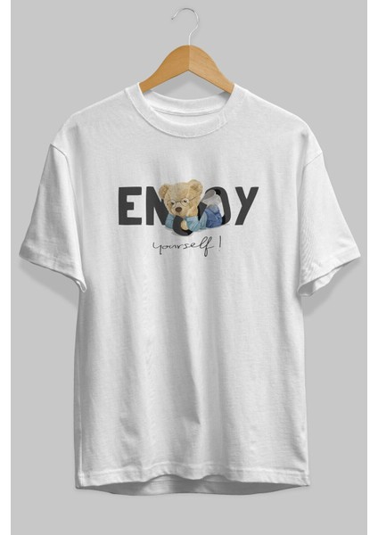 Teddy Bear Yourself Ön Baskılı Beyaz Oversize T-Shirt Erkek Kadın Bisiklet Yaka fırsatları