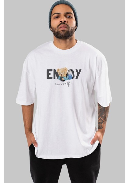 Teddy Bear Yourself Ön Baskılı Beyaz Oversize T-Shirt Erkek Kadın Bisiklet Yaka indirimleri