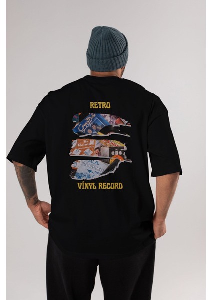 Retro Design Arka Baskılı Siyah Oversize T-Shirt Erkek Kadın Bisiklet Yaka
