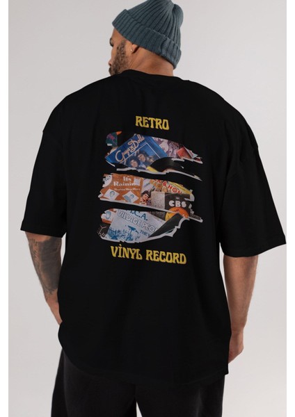 Retro Design Arka Baskılı Siyah Oversize T-Shirt Erkek Kadın Bisiklet Yaka modelleri