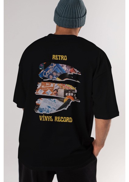 Retro Design Arka Baskılı Siyah Oversize T-Shirt Erkek Kadın Bisiklet Yaka fırsatları