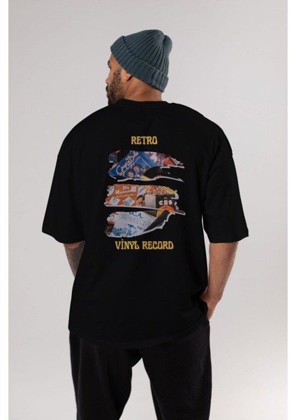 Retro Design Arka Baskılı Siyah Oversize T-Shirt Erkek Kadın Bisiklet Yaka indirimleri