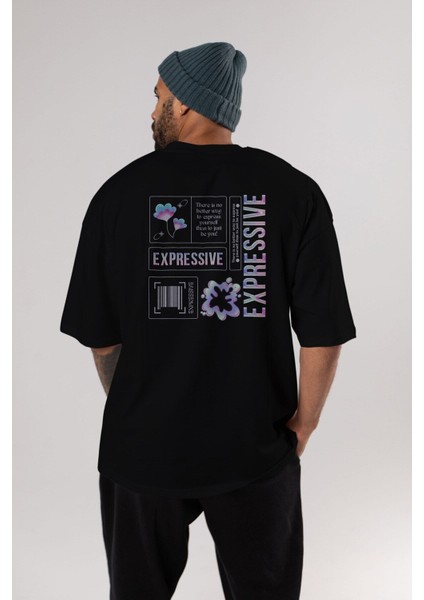 Expressive Streetwear Arka Baskılı Siyah Oversize T-Shirt Erkek Kadın Bisiklet Yaka