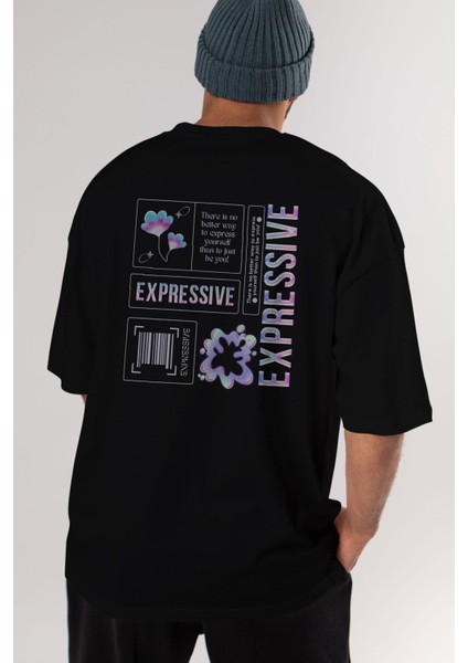 Expressive Streetwear Arka Baskılı Siyah Oversize T-Shirt Erkek Kadın Bisiklet Yaka modelleri