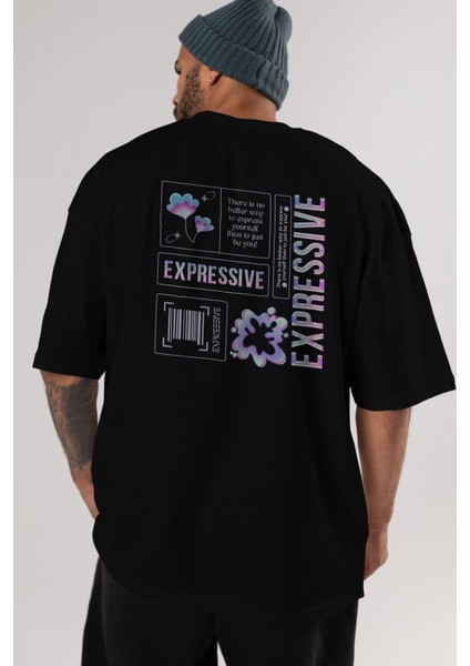 Expressive Streetwear Arka Baskılı Siyah Oversize T-Shirt Erkek Kadın Bisiklet Yaka fırsatları